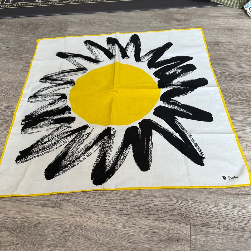 Vera Neumann Vintage Square Scarf Yellow Black White Sun Flower Print 25x25